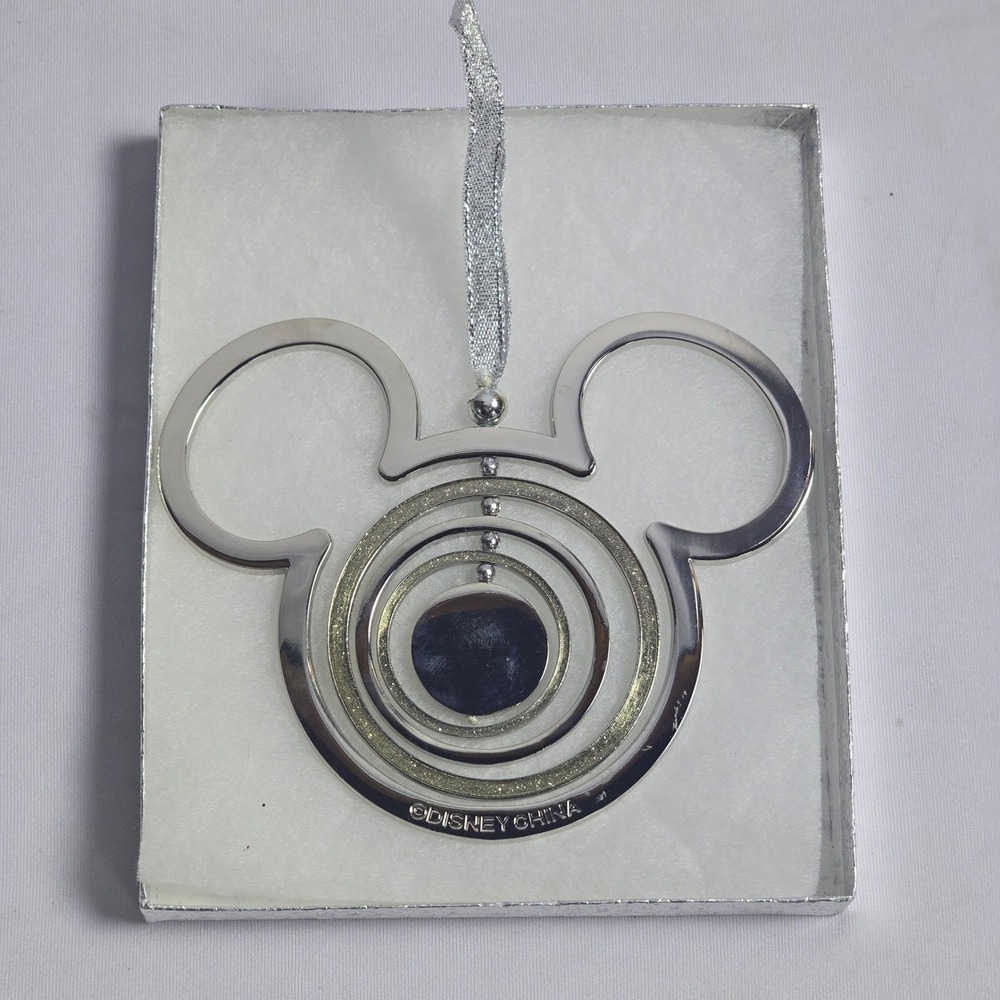 Disney Mickey Mouse Icon Silver Metal Spinning Ring Glitter Christmas Ornament - Picture 6 of 7